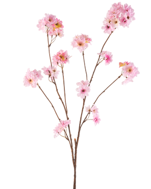 Artificial Flower Cherry Blossom 114 cm pink har flere slanke brune stængler med bundter af bløde pink kirsebærblomster mod en almindelig hvid baggrund.