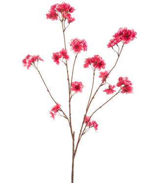 Den kunstige blomsterkirsebærblomst 114 cm fuchsia viser en enkelt brun gren med flere stængler, hver med klaser af levende fuchsia kunstige juleblomster på en almindelig hvid baggrund.