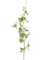 Artificial Flower Bindweed 122 cm hvid har en enkelt stilk med små hvide blomster, grønne blade og krøllede ranker mod en almindelig hvid baggrund.