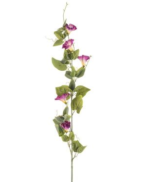 Artificial Flower Bindweed 122 cm lilla har en enkelt høj grøn stilk med flere lilla og hvide morning glory-blomster og grønne blade langs dens længde, mod en hvid baggrund.