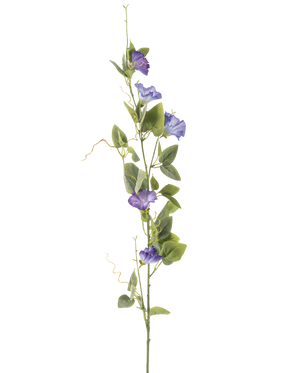 Artificial Flower Bindweed 122 cm lilla har en lang grøn stilk med flere grønne blade og lilla, trompetformede kunstige blomster, arrangeret lodret mod en almindelig hvid baggrund.