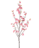 Artificial Flower Cherry Blossom 150 cm pink har en enkelt brun gren med flere tynde stængler, dekoreret med bundter af sarte lyserøde kirsebærblomster og et par grønne blade, isoleret på en hvid baggrund.