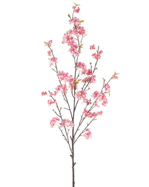 Artificial Flower Cherry Blossom 150 cm pink har en enkelt brun gren med flere tynde stængler, dekoreret med bundter af sarte lyserøde kirsebærblomster og et par grønne blade, isoleret på en hvid baggrund.