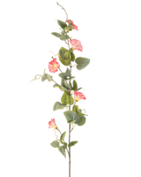 Artificial Flower Bindweed 122 cm pink har en enkelt høj stilk med grønne blade, flere lyserøde trompetformede blomster og krøllede ranker mod en hvid baggrund.