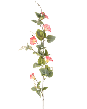 Artificial Flower Bindweed 122 cm pink har en enkelt høj stilk med grønne blade, flere lyserøde trompetformede blomster og krøllede ranker mod en hvid baggrund.
