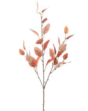 En enkelt kunstig eukalyptusblomst 104 cm med flere tynde stængler og ovale røde efterårsblade, mod en almindelig hvid baggrund.
