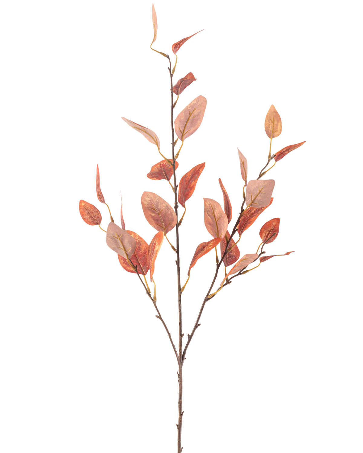 En enkelt kunstig eukalyptusblomst 104 cm med flere tynde stængler og ovale røde efterårsblade, mod en almindelig hvid baggrund.