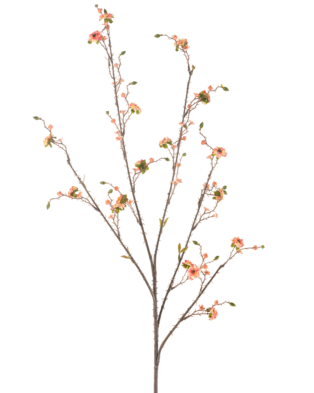 Artificial Flower Daisy 108 cm pink er en høj, slank kunstig gren med flere udløbere, dekoreret med små lyserøde tusindfrydlignende blomster og grønne blade, mod en almindelig hvid baggrund.