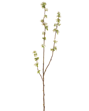 Artificial Branch Seed Box 104 cm cremen har en enkelt brun gren med små grønne blade og bundter af små hvide blomster mod en almindelig hvid baggrund.
