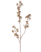 De kunstige blomsterblomster 102 cm lilla/grønne har en enkelt brun stilk med flere grene, hver dekoreret med små plettede lilla og grønne blade, mod en almindelig hvid baggrund.