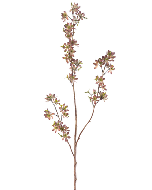 De kunstige blomsterblomster 102 cm lilla/grønne har en enkelt brun stilk med flere grene, hver dekoreret med små plettede lilla og grønne blade, mod en almindelig hvid baggrund.
