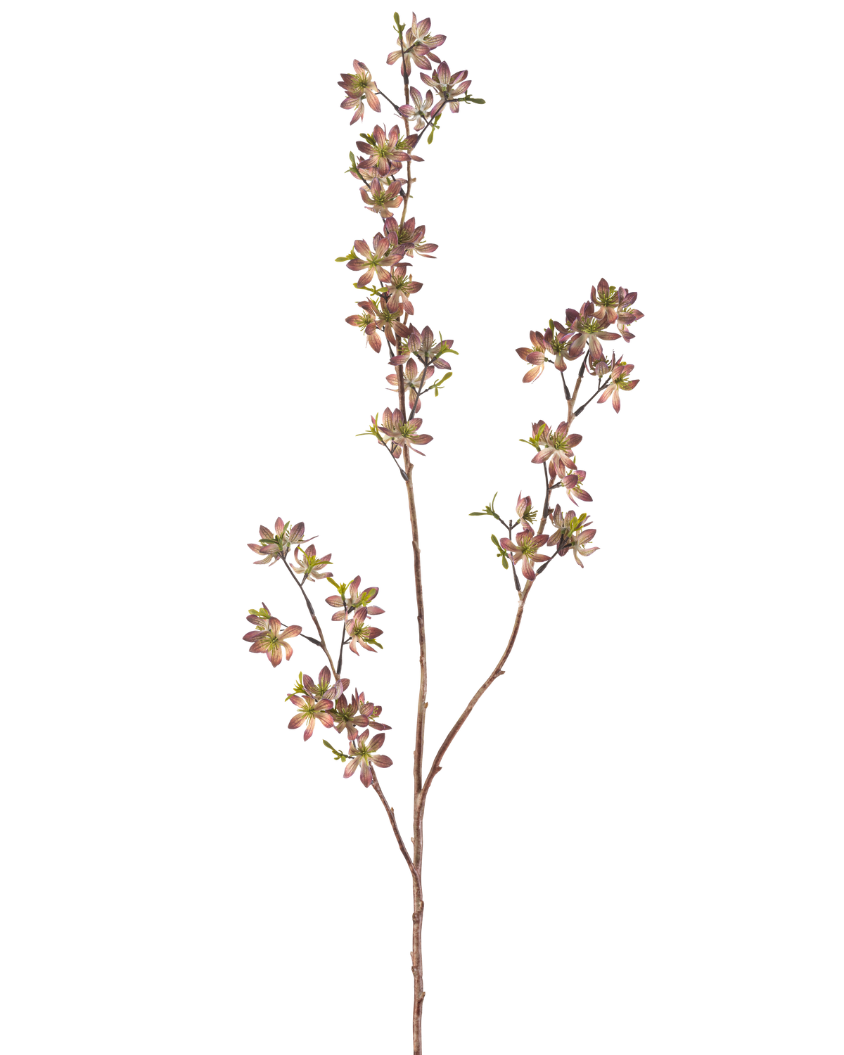 De kunstige blomsterblomster 102 cm lilla/grønne har en enkelt brun stilk med flere grene, hver dekoreret med små plettede lilla og grønne blade, mod en almindelig hvid baggrund.