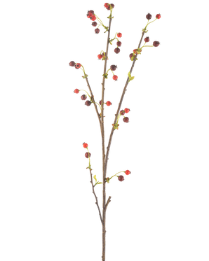Den kunstige blomst hyben 112 cm rød har en enkelt brun gren med små røde og mørke lilla bær og et par lysegrønne blade, mod en almindelig hvid baggrund.