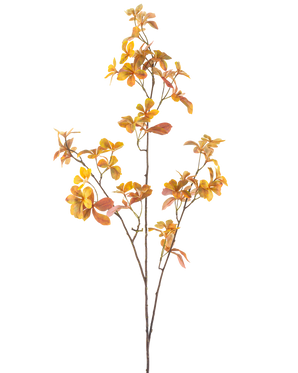 Den kunstige gren Enkianthus 112 cm gul er en enkelt kunstig gren med flere stængler og gule efterårsblade, mod en almindelig hvid baggrund.