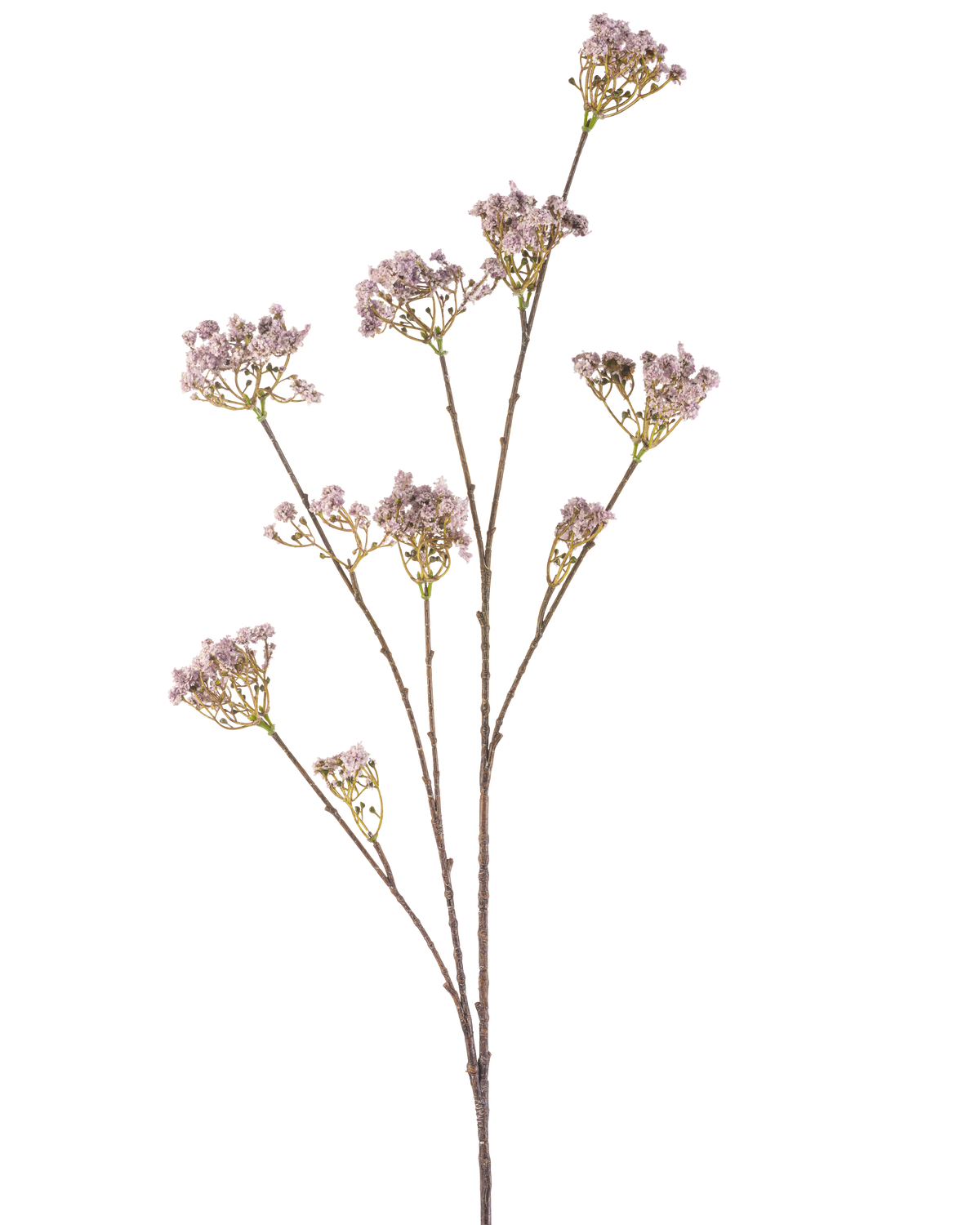 The Artificial Flower Baby's Breath 112 cm lilla har en slank stilk med flere grene, hver dekoreret med bundter af sarte lyse lilla blomster, mod en almindelig hvid baggrund.