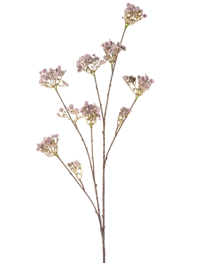 The Artificial Flower Baby's Breath 112 cm lilla har en slank stilk med flere grene, hver dekoreret med bundter af sarte lyse lilla blomster, mod en almindelig hvid baggrund.