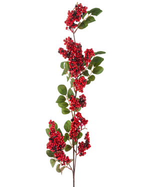De kunstige blomsterbær 104 cm rød har en enkelt gren med klynger af små, klare røde bær og grønne blade mod en hvid baggrund.