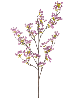 De kunstige blomsterbær 107 cm lilla har en enkelt slank gren med flere tynde stængler, hver dekoreret med bundter af små, runde lyslilla bær og et par grønne blade, mod en almindelig hvid baggrund.