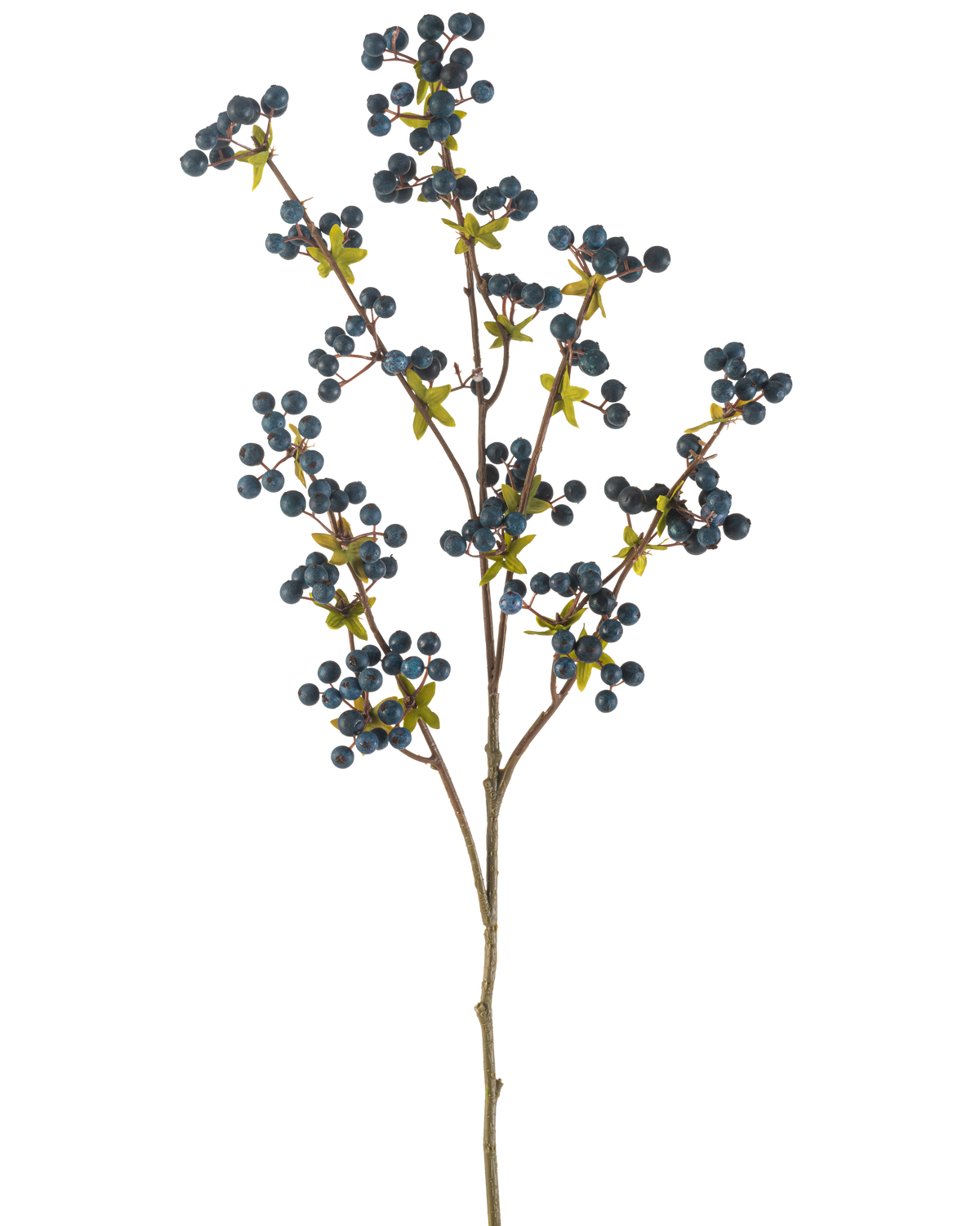 De kunstige blomsterbær 104 cm mørkeblå er en enkelt tynd gren med grønne blade og klaser af små, runde, mørkeblå bær, vist på en almindelig hvid baggrund.