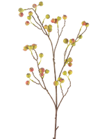 Den Kunstige Blomsttjørnbær 104 cm grøn/rød har en slank brun stilk med flere udløbere, hver dekoreret med klaser af små grønne og røde bær, mod en hvid baggrund.