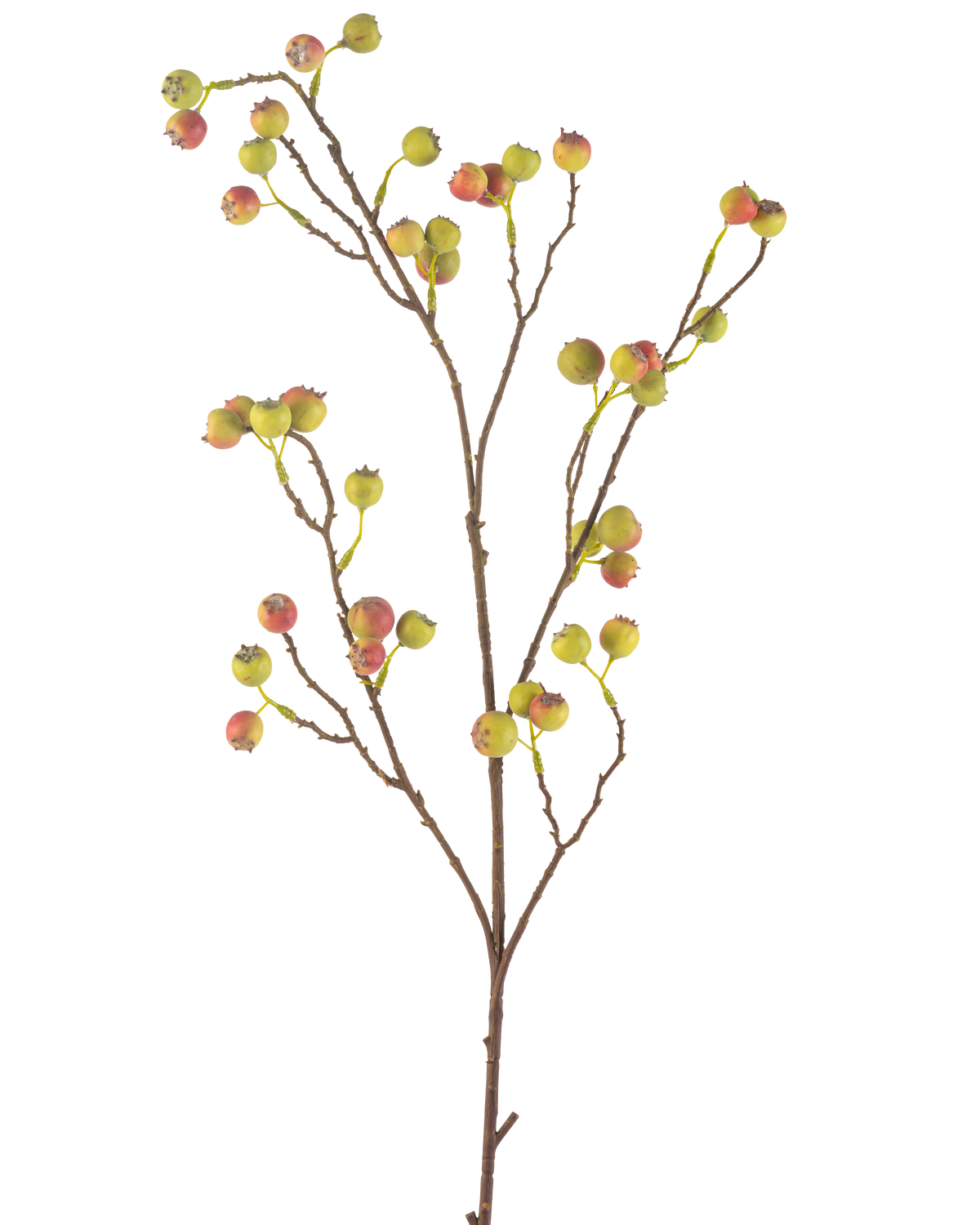 Den Kunstige Blomsttjørnbær 104 cm grøn/rød har en slank brun stilk med flere udløbere, hver dekoreret med klaser af små grønne og røde bær, mod en hvid baggrund.