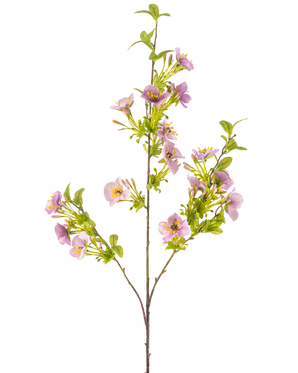 Den kunstige blomst Quisqualis 110 cm lilla har en lang, slank stilk med flere grønne blade og klaser af sarte lyslilla blomster med et gult hjerte mod en hvid baggrund.