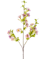 Den kunstige blomst Quisqualis 110 cm lilla har en lang, slank stilk med flere grønne blade og klaser af sarte lyslilla blomster med et gult hjerte mod en hvid baggrund.