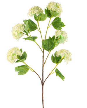 Artificial Flower Snowball 94 cm grøn har en enkelt kunstig stilk med bundter af lysegrønne, hortensia-lignende blomster og nogle grønne blade, afbildet på en hvid baggrund.