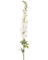Den kunstige blomsterspore 137 cm hvid er en høj kunstig sporestamme med flere små hvide blomster på langs og grønne blade i bunden, mod en almindelig hvid baggrund.