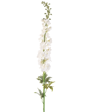 Den kunstige blomsterspore 137 cm hvid er en høj kunstig sporestamme med flere små hvide blomster på langs og grønne blade i bunden, mod en almindelig hvid baggrund.