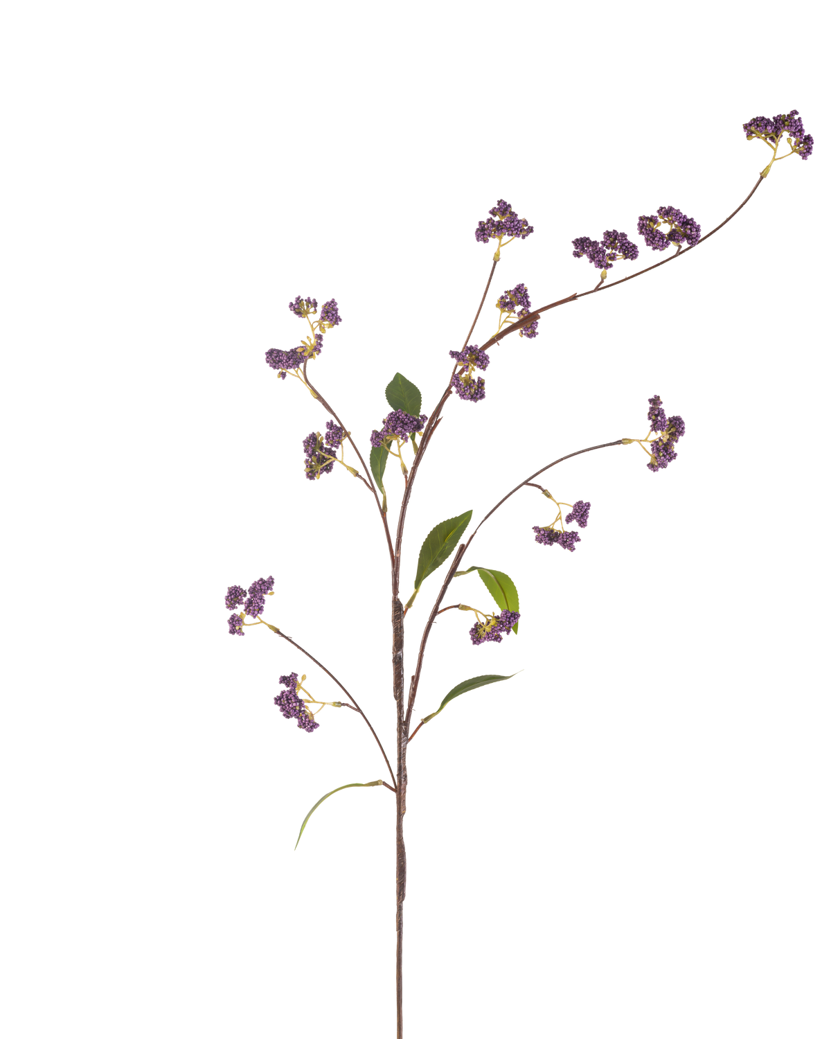 De kunstige blomsterbær 95 cm lilla har en enkelt brun stilk med flere grene, dekoreret med bundter af lilla bær og nogle grønne blade, perfekt isoleret på en hvid baggrund.