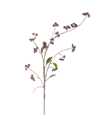 De kunstige blomsterbær 95 cm lilla har en enkelt brun stilk med flere grene, dekoreret med bundter af lilla bær og nogle grønne blade, perfekt isoleret på en hvid baggrund.