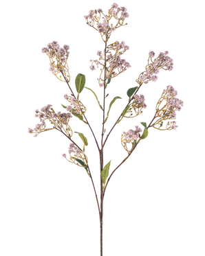 The Artificial Flower Baby's Breath 89 cm lilla har en lang stilk med flere grene, hver dekoreret med bundter af små, lyse lilla blomster og et par grønne blade, mod en almindelig hvid baggrund.