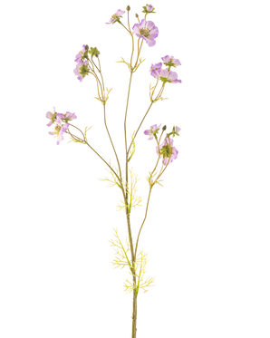 The Artificial Flower Cosmos 95 cm lilla har en sart stilk med flere lyslilla blomster og små grønne blade, smuk mod en almindelig hvid baggrund.