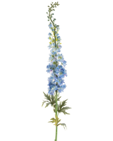 En enkelt stilk af kunstig blomsterlærkespore 137 cm mørkeblå, med flere mørkeblå kunstige blomster og grønne blade, arrangeret langs den øverste stilk og mod en hvid baggrund.