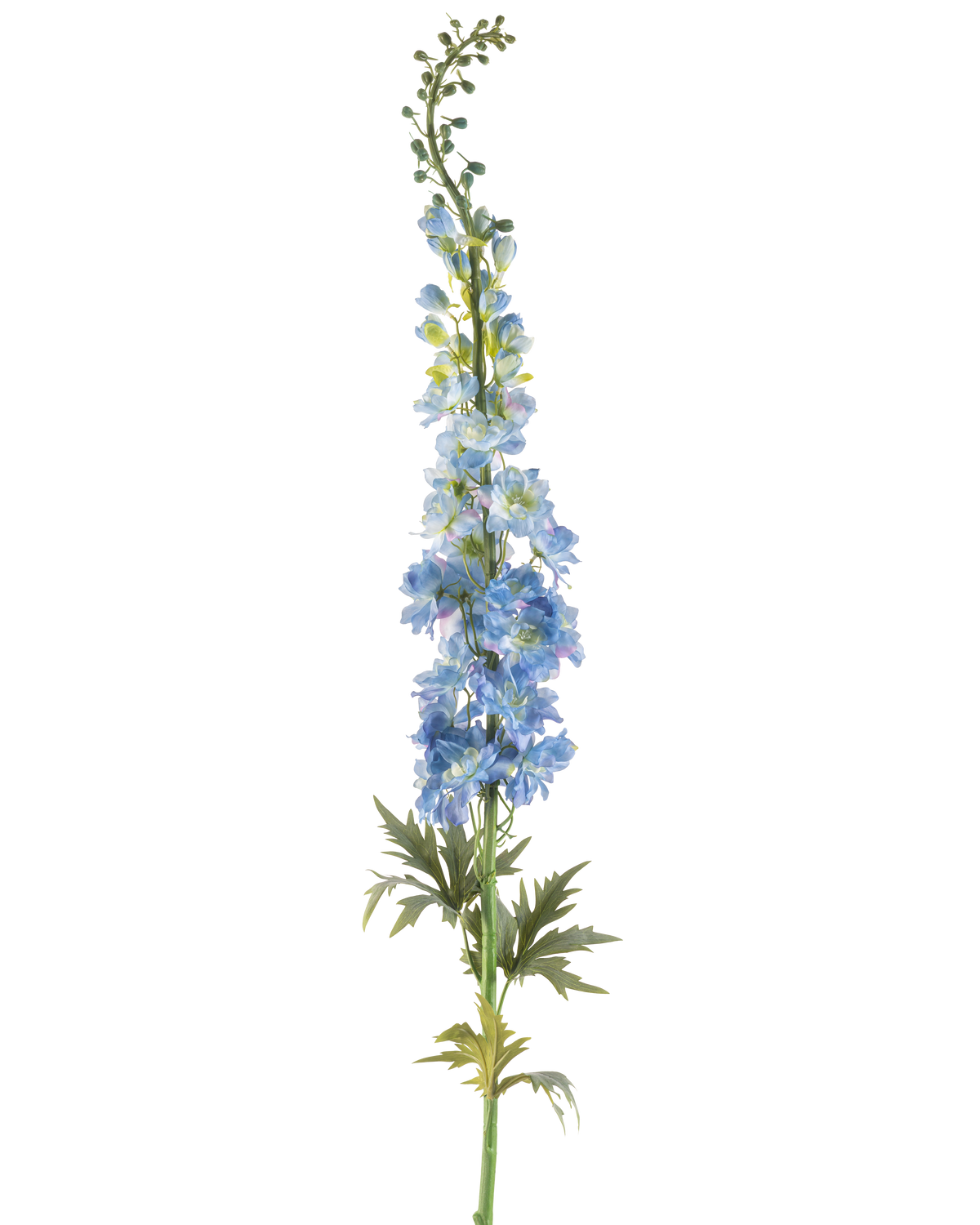 En enkelt stilk af kunstig blomsterlærkespore 137 cm mørkeblå, med flere mørkeblå kunstige blomster og grønne blade, arrangeret langs den øverste stilk og mod en hvid baggrund.
