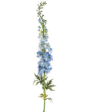 En enkelt stilk af kunstig blomsterlærkespore 137 cm mørkeblå, med flere mørkeblå kunstige blomster og grønne blade, arrangeret langs den øverste stilk og mod en hvid baggrund.