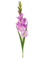 Artificial Flower Gladiolus 93 cm lilla er en kunstig gladiolus-stængel med lyse lilla og lyserøde blomster, grønne blade og knopper mod en hvid baggrund.