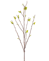 Den kunstige blomst Winterzoet 81 cm grøn er en kunstig gren med tynde brune stængler og små grønne blade mod en hvid baggrund.