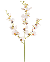 Artificial Flower Orchid 98 cm cremen er en enkelt kunstig creme orkidéstængel med flere sarte blomster og flere knopper, med gule og lilla centre, isoleret på en almindelig hvid baggrund.