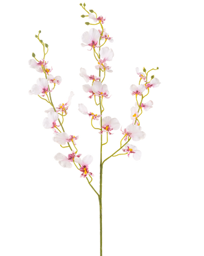 Artificial Flower Orchid 98 cm blush har en enkelt lang stilk med flere sarte lyserøde orkidéblomster og knopper, tynde grønne grene og små ovale blade, alt sammen mod en almindelig hvid baggrund.