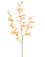 Artificial Flower Orchid 98 cm lysegul har en lang grøn stilk med flere grene og sarte lysegule orkideer, hver med et blødt orange og rødt hjerte, alt sammen mod en hvid baggrund.