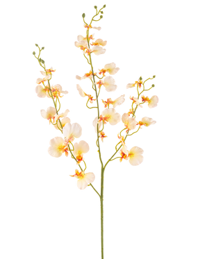 Artificial Flower Orchid 98 cm lysegul har en lang grøn stilk med flere grene og sarte lysegule orkideer, hver med et blødt orange og rødt hjerte, alt sammen mod en hvid baggrund.