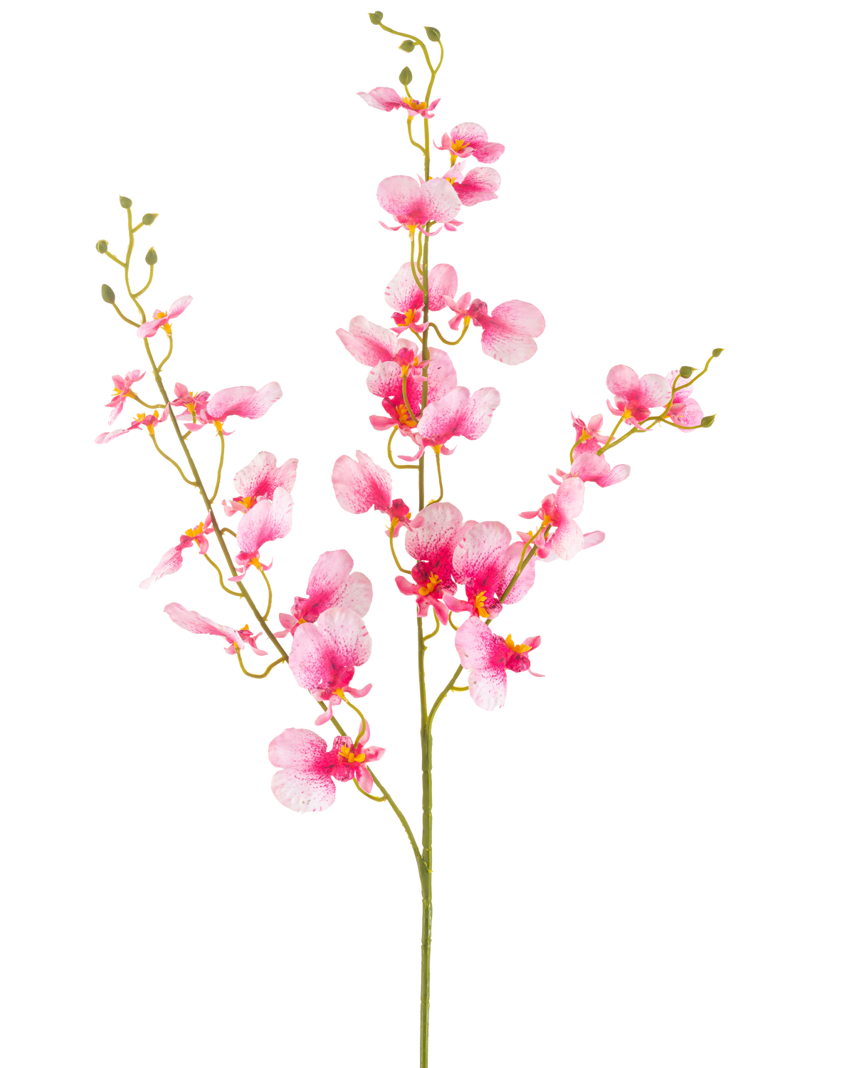 Artificial Flower Orchid 98 cm pink har en enkelt stilk med flere grene af levende lyserøde orkidéblomster, sarte kronblade og grønne knopper, mod en almindelig hvid baggrund.