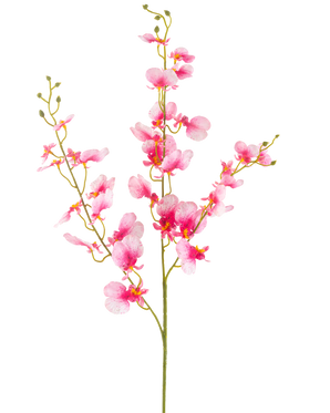 Artificial Flower Orchid 98 cm pink har en enkelt stilk med flere grene af levende lyserøde orkidéblomster, sarte kronblade og grønne knopper, mod en almindelig hvid baggrund.