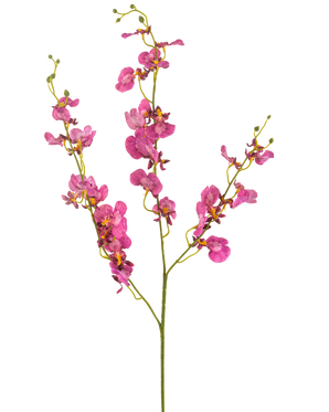 Artificial Flower Orchid 98 cm fuchsia har levende lyserøde orkidéblomster og knopper på lange, slanke grønne stængler, smukt mod en hvid baggrund.