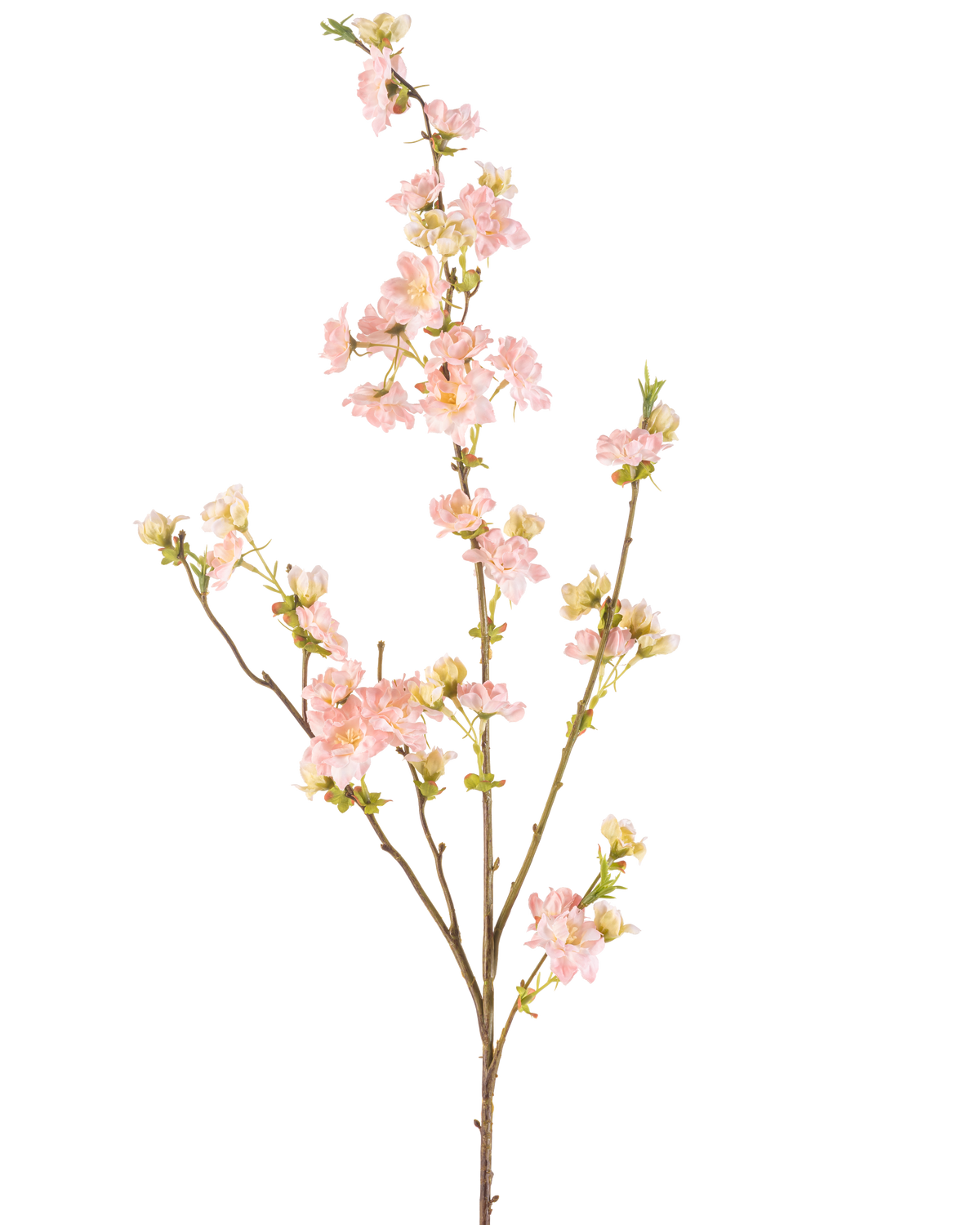 Artificial Flower Cherry Blossom 94 cm lys pink har en enkelt gren med flere udløbere, dekoreret med bundter af sarte lys pink kirsebærblomster og grønne knopper, mod en almindelig hvid baggrund.