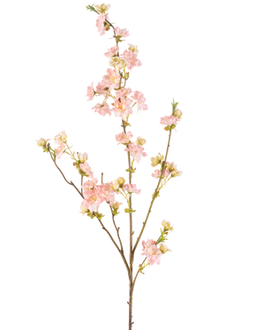 Artificial Flower Cherry Blossom 94 cm lys pink har en enkelt gren med flere udløbere, dekoreret med bundter af sarte lys pink kirsebærblomster og grønne knopper, mod en almindelig hvid baggrund.
