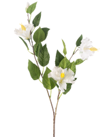 Artificial Flower Hibiscus 89 cm cremen har en gren med grønne blade og tre cremefarvede hibiscus blomster med gule støvdragere mod en almindelig hvid baggrund.