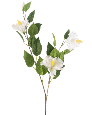 Artificial Flower Hibiscus 89 cm cremen har en gren med grønne blade og tre cremefarvede hibiscus blomster med gule støvdragere mod en almindelig hvid baggrund.